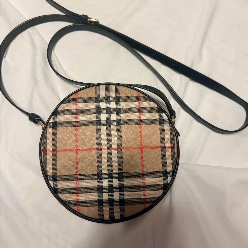 Burberry Tan Black Red Plaid Round Crossbody Bag